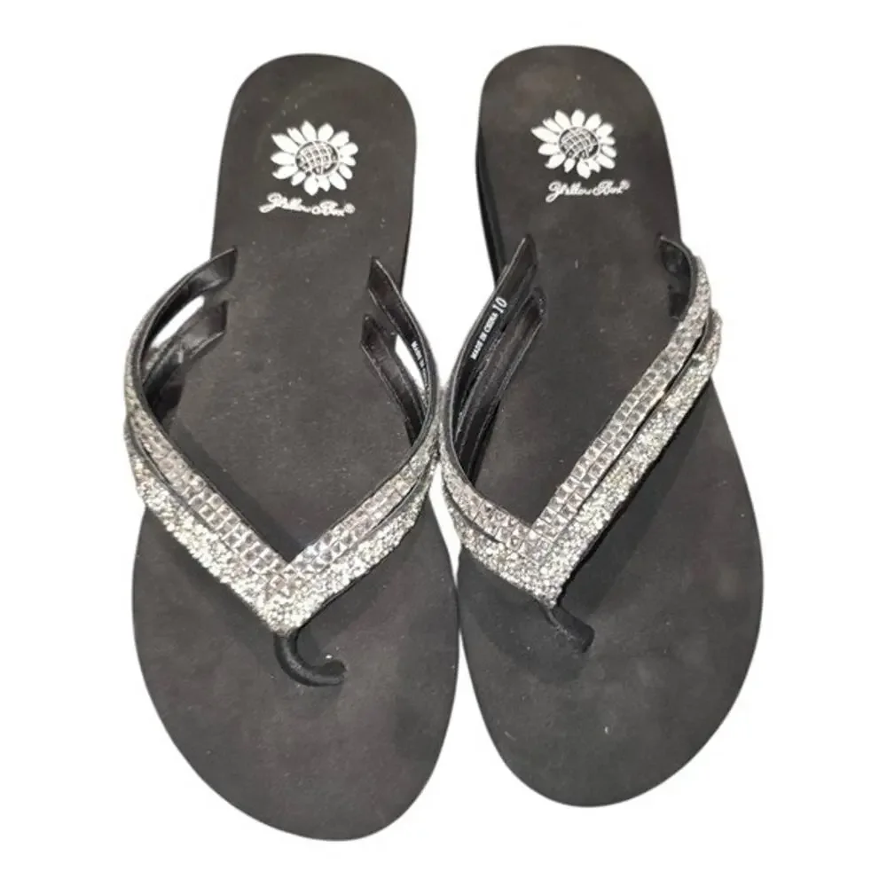 Yellow Box Black Rhinestone Embellished Flip Flops Sandals Size 10
